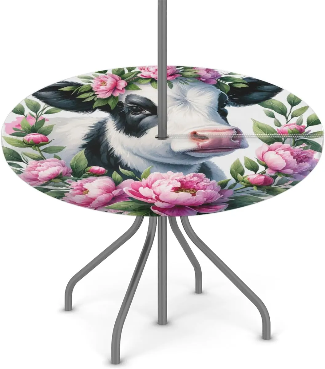 Animal Flower Alpine Cattle Outdoor Round Tablecloth with Umbrella Hole Fitted Circle Table Cloth with Elastic Edge Ootdoor Round Table Cover for Patio Party Picnic Decor fit 45-56inch