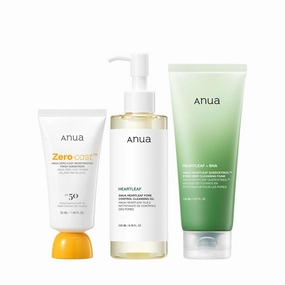 Anua After sun care trio set, Heartleaf Cleansing Foam  Zero-Cast Moisturizing Finish Sunscreen, Heartleaf Pore Control Cleansing Oil, Face wash, Oil Cleanser, Facial sunscreen, Korean skincare set