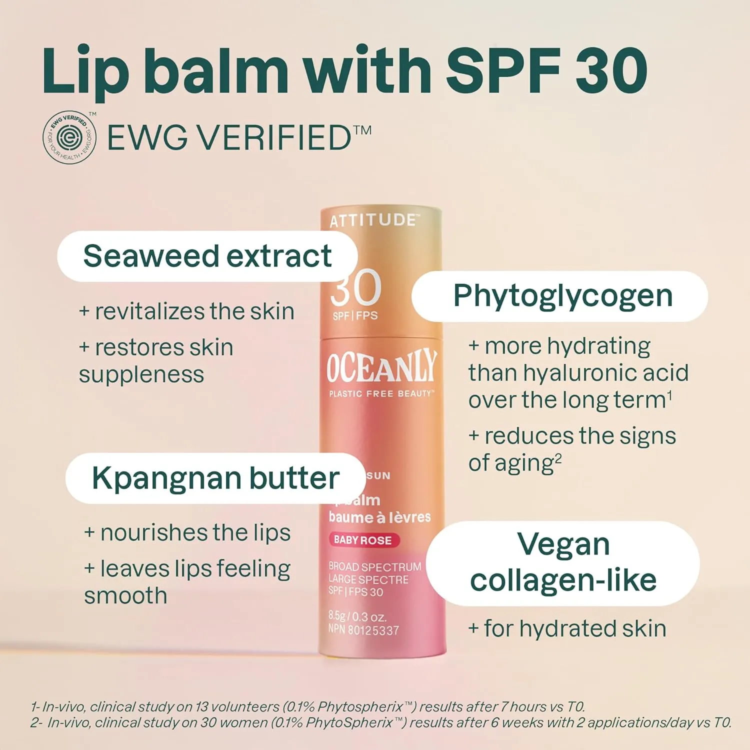 ATTITUDE Oceanly Tinted Lip Balm with SPF 30, EWG Verified, Plastic-Free, Broad Spectrum UVA/UVB Protection with Zinc Oxide, Vegan, Unscented, Baby Rose, 0.3 Ounce