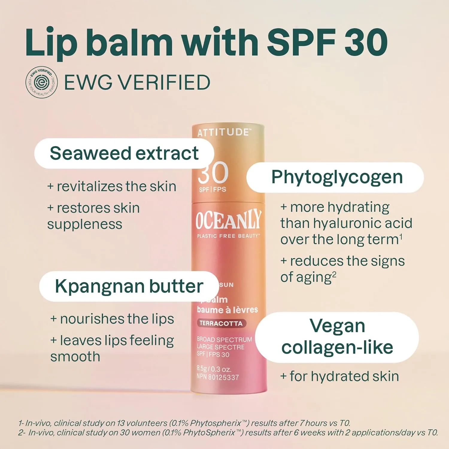 ATTITUDE Oceanly Tinted Lip Balm with SPF 30, EWG Verified, Plastic-Free, Broad Spectrum UVA/UVB Protection with Zinc Oxide, Vegan, Unscented, Terracotta, 0.3 Ounce