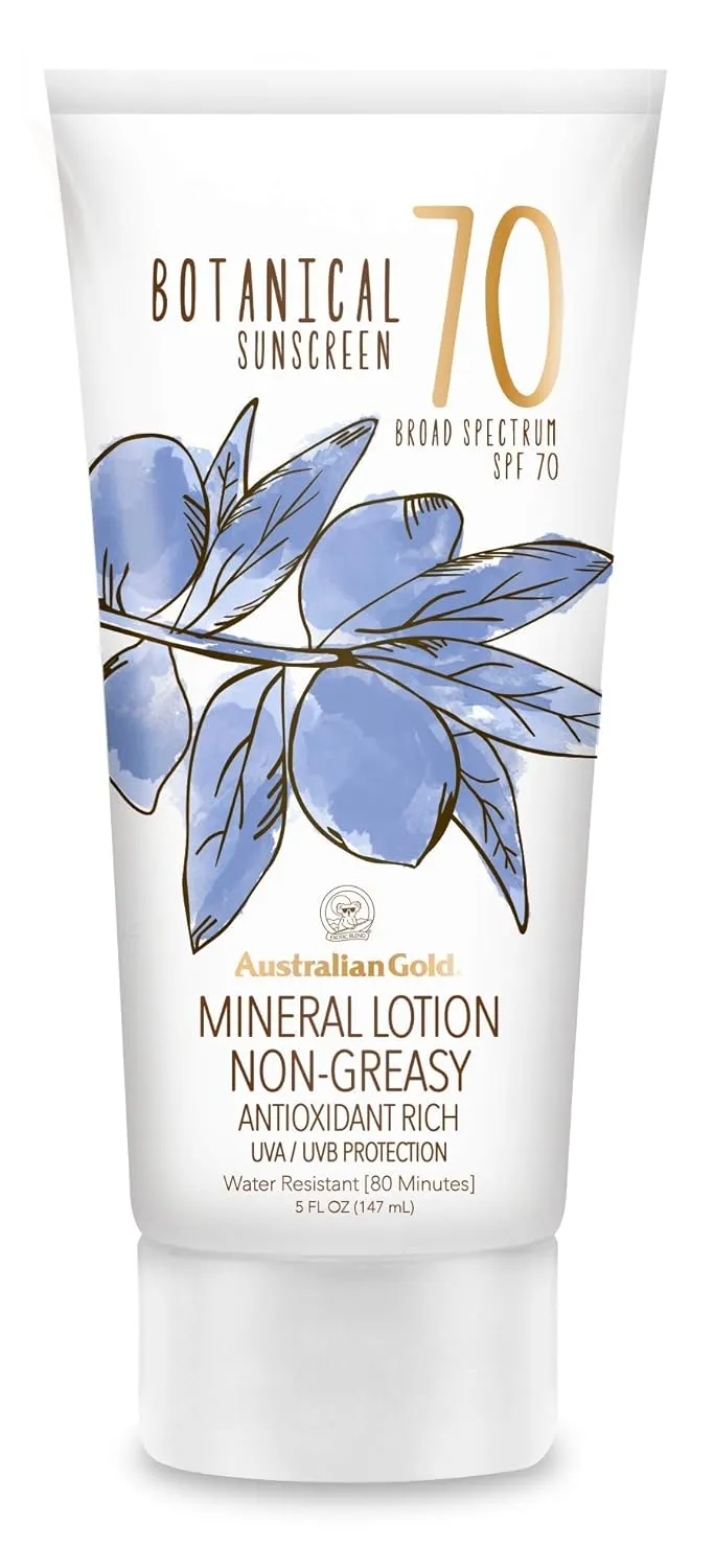 Australian Gold Botanical SPF 70 Mineral Sunscreen Lotion, Non-Chemical Sunblock with Titanium Dioxide & Zinc Oxide, Native-Australian Ingredients, Water-Resistant, Citrus Oasis Fragrance, 5 Oz