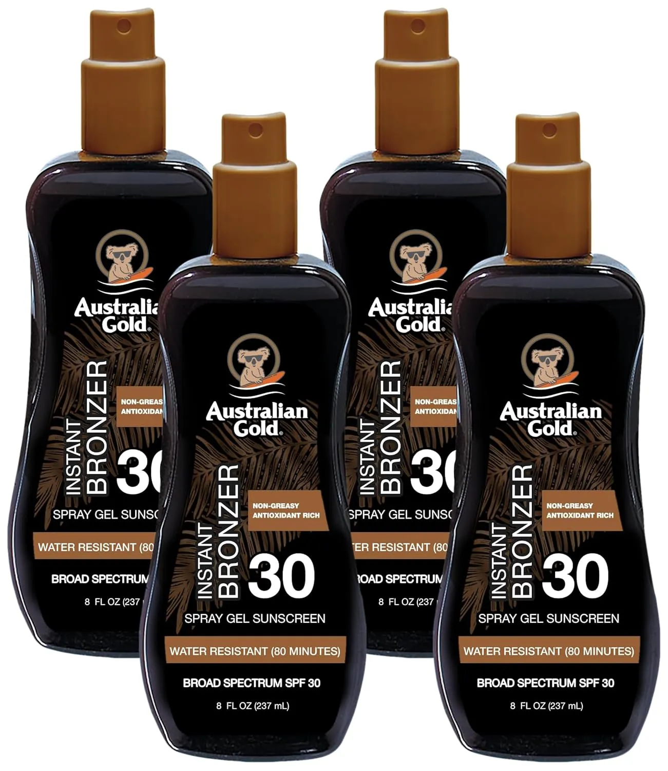 Australian Gold Spray Gel Sunscreen with Instant Bronzer SPF 30, 8 Ounce | Moisturize & Hydrate Skin | Broad Spectrum | Water Resistant | Non-Greasy | Oxybenzone Free | Cruelty Free (Pack of 4)