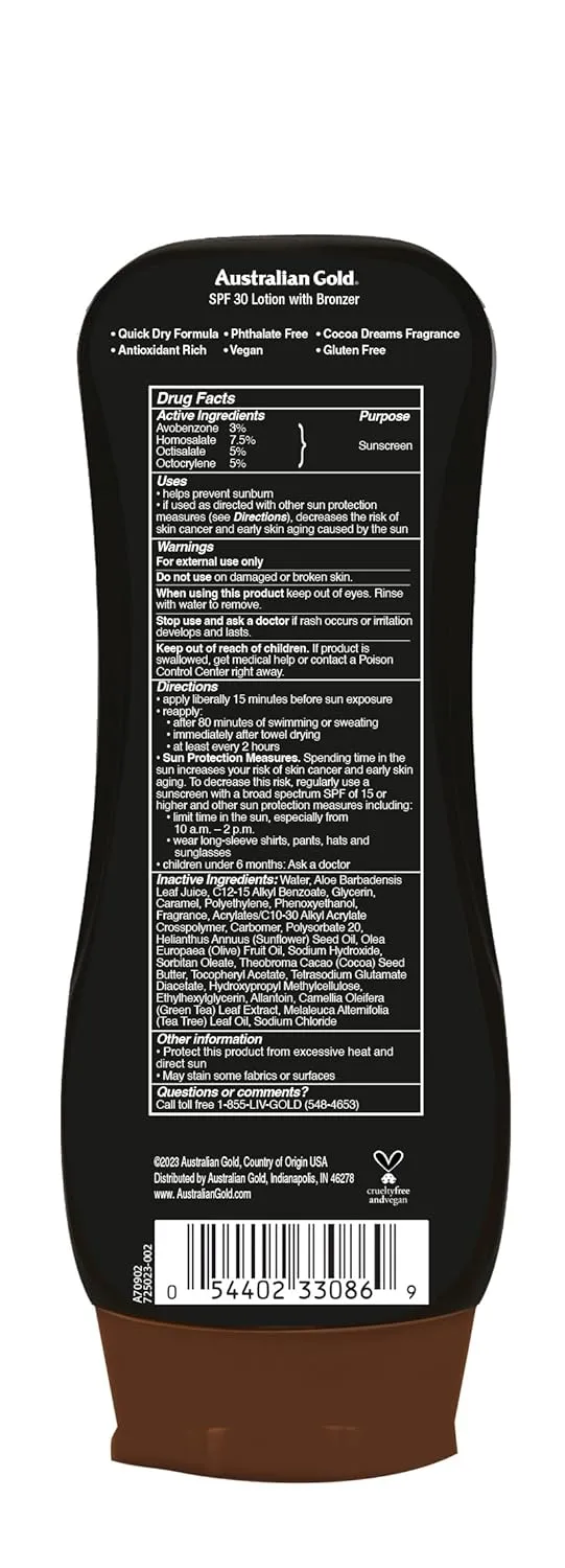 Australian Gold Sunscreen Lotion with Instant Bronzer, Broad Spectrum, Water Resistant, Non-Greasy, Oxybenzone Free, Cruelty Free, SPF 30, Coconut, 8 Fl Oz (A70902) (Pack of 3)