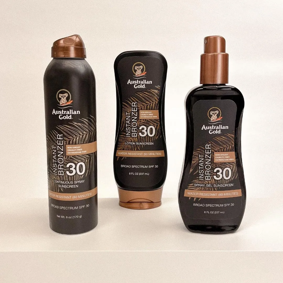 Australian Gold Sunscreen Lotion with Instant Bronzer, Broad Spectrum, Water Resistant, Non-Greasy, Oxybenzone Free, Cruelty Free, SPF 30, Coconut, 8 Fl Oz (A70902) (Pack of 3)