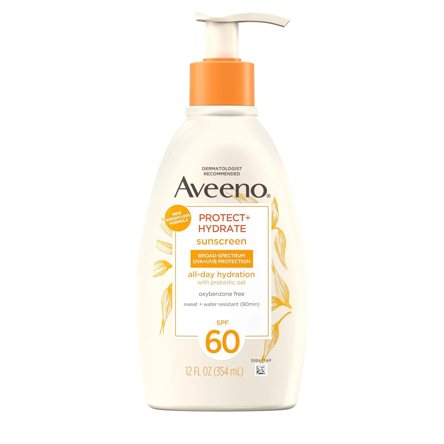 Aveeno Protect   Hydrate Sunscreen Moisturizing Body Lotion with Broad Spectrum SPF 60 and Prebiotic Oat, Weightless, Paraben, Oxybenzone, and Oil Free Sunscreen, 12 FL OZ