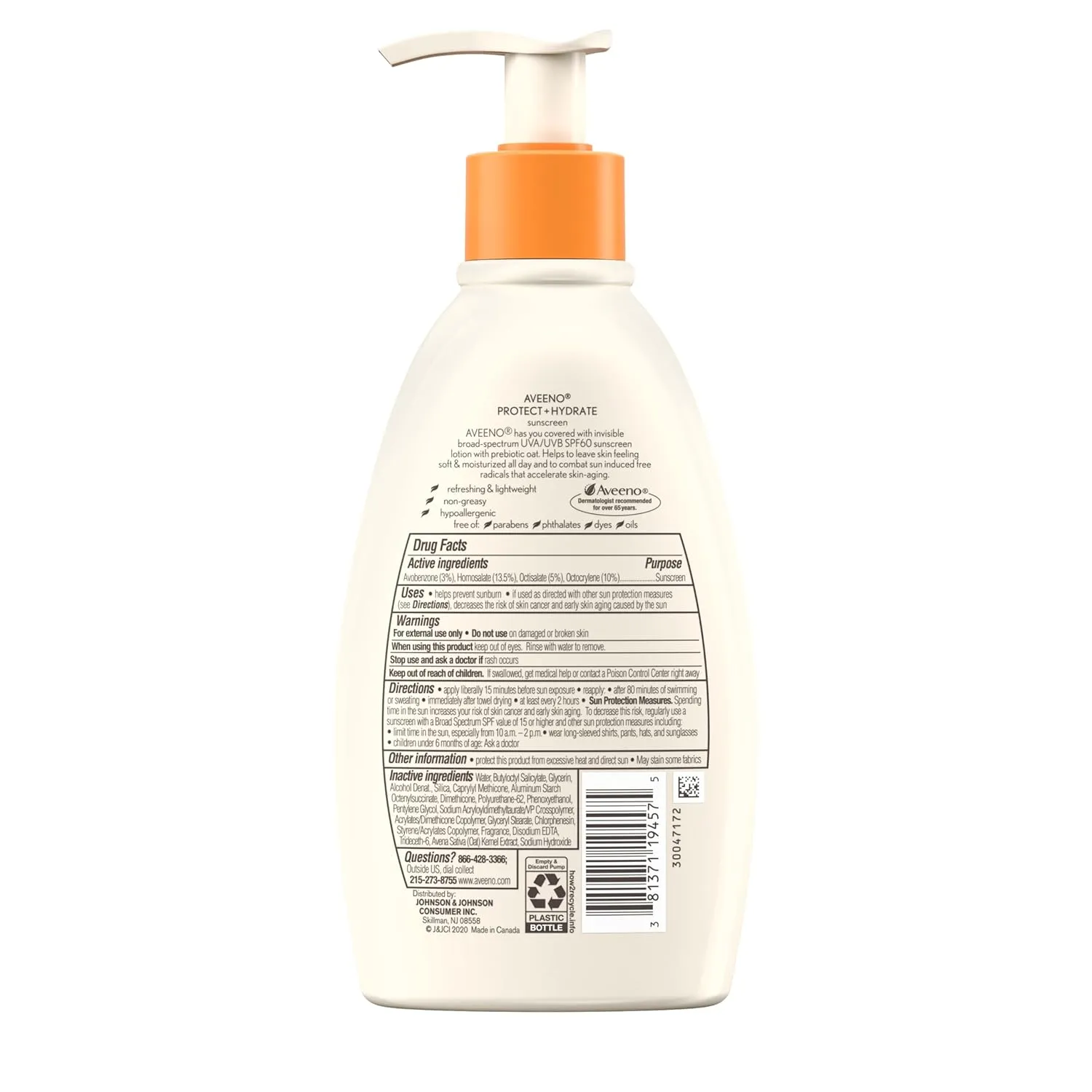 Aveeno Protect   Hydrate Sunscreen Moisturizing Body Lotion with Broad Spectrum SPF 60 and Prebiotic Oat, Weightless, Paraben, Oxybenzone, and Oil Free Sunscreen, 12 FL OZ