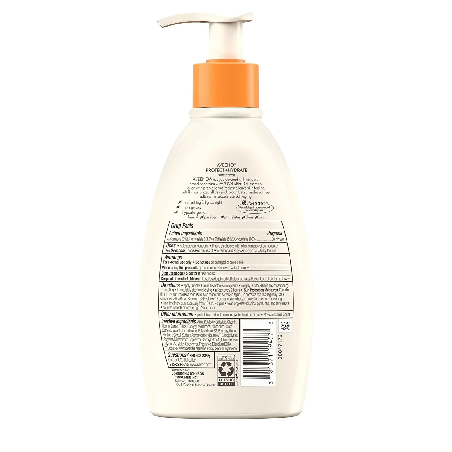 Aveeno Protect   Hydrate Sunscreen Moisturizing Body Lotion with Broad Spectrum SPF 60 and Prebiotic Oat, Weightless, Paraben, Oxybenzone, and Oil Free Sunscreen, 12 FL OZ