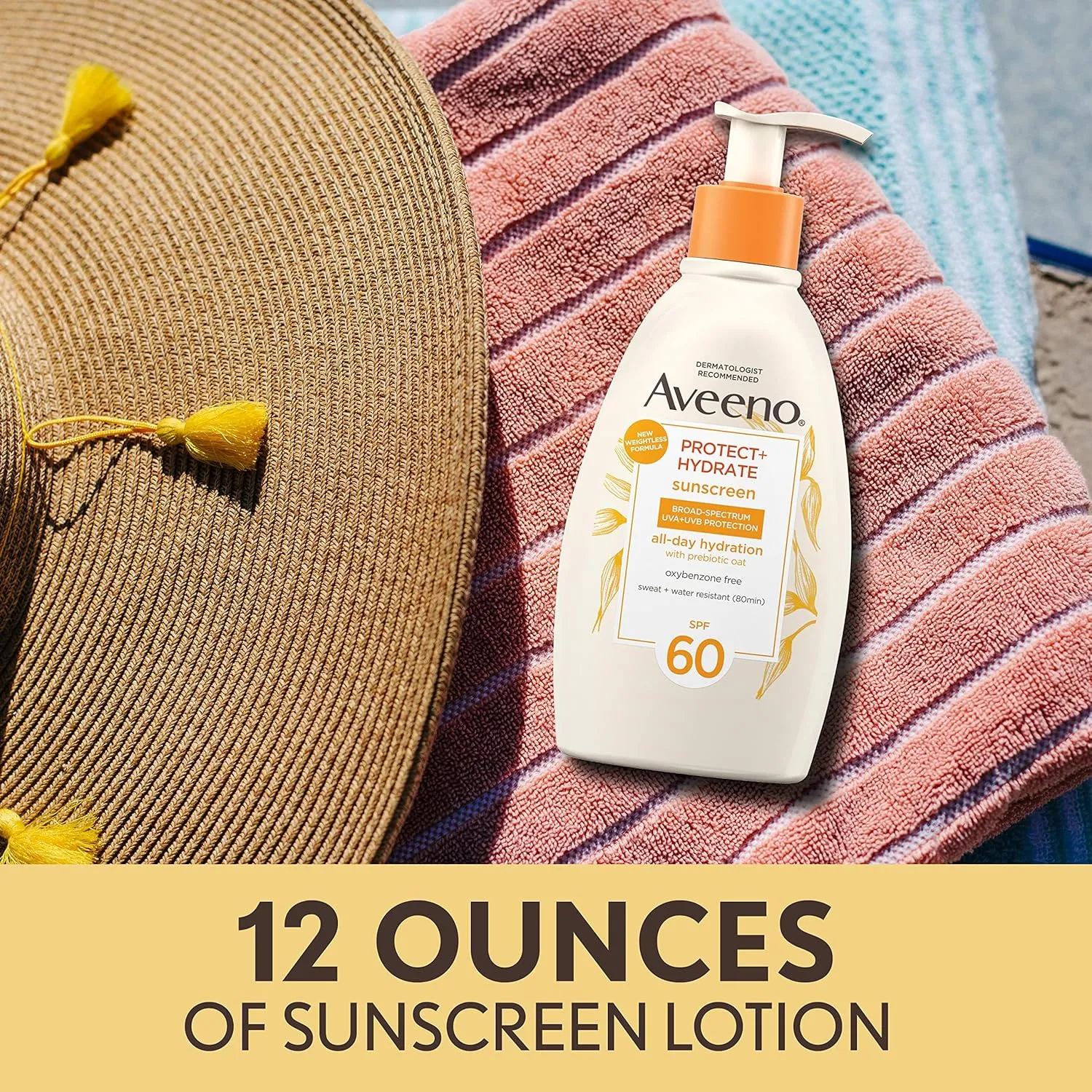 Aveeno Protect   Hydrate Sunscreen Moisturizing Body Lotion with Broad Spectrum SPF 60 and Prebiotic Oat, Weightless, Paraben, Oxybenzone, and Oil Free Sunscreen, 12 FL OZ