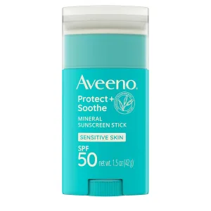 Aveeno Protect   Soothe Mineral Sunscreen Stick for Sensitive Skin, SPF 50, Water-Resistant for 80 minutes, Face & Body Sunscreen with Zinc Oxide & Oat, Fragrance-Free, Travel Size, 1.5 OZ