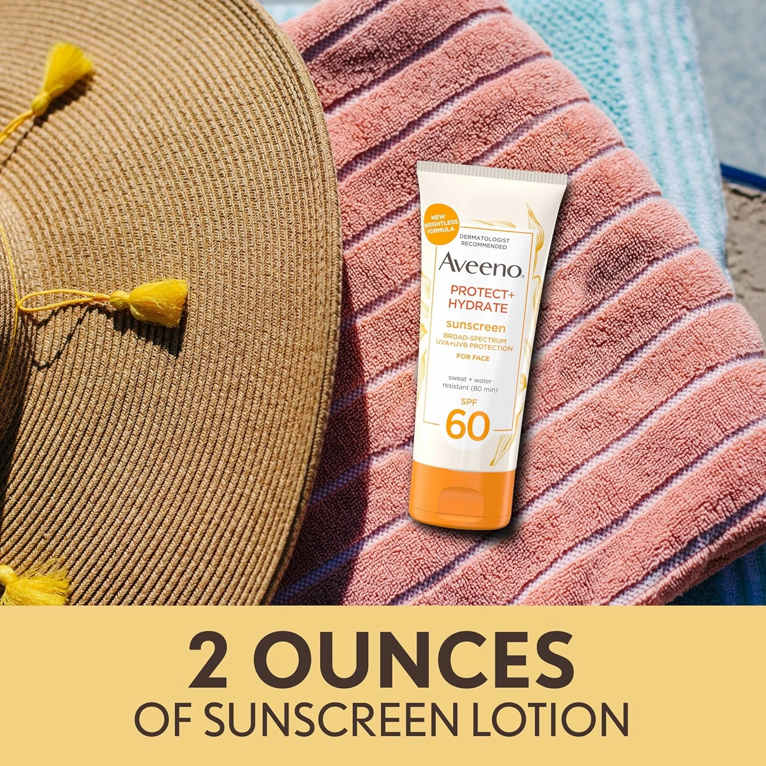 Aveeno Protect   Hydrate Sunscreen Moisturizing Face Lotion with Broad Spectrum SPF 60 and Prebiotic Oat, Paraben, Phthalate, Oxybenzone and Oil Free Sunscreen for Sensitive Skin, 2.0 FL OZ