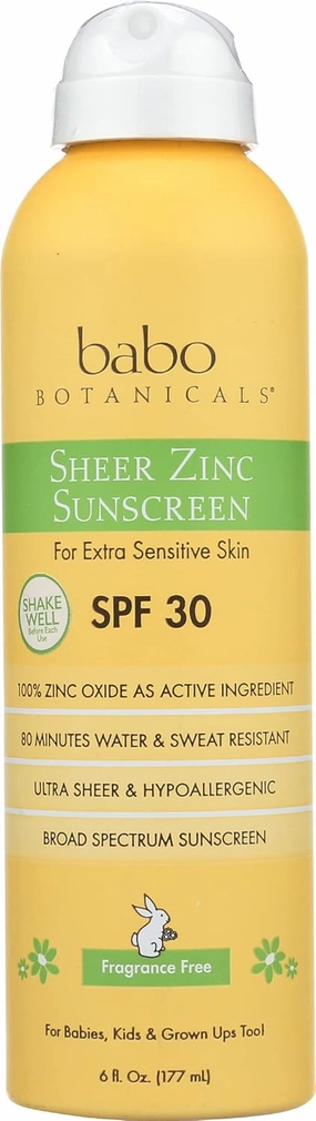 Babo Botanicals Clear Zinc Continuous Spray Sunscreen SPF 30 100% Mineral Active, Non-Nano, Waterproof, Coral Friendly, Fragrance Free, Vegetarian, For Babies, Kids or Sensitive Skin - 6 oz Pack of 1
