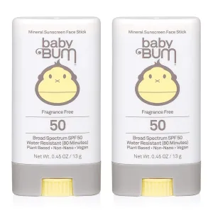 Baby Bum Mineral Sunscreen Face Stick - SPF 50 - UVA,UVB Face and Body Protection - Fragrance Free Safe for Sensitive Skin- Travel Size 0.45 Ounce (Pack of 2)