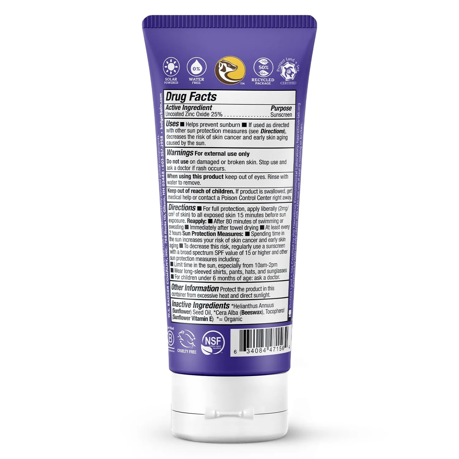 Badger Biodegradable Reef Safe Sunscreen, SPF 50 Unscented Zinc Oxide Sunscreen, 98% Organic Ingredients, Water Resistant Adventure Sport Sunblock, 2.9 fl oz, 2-Pack