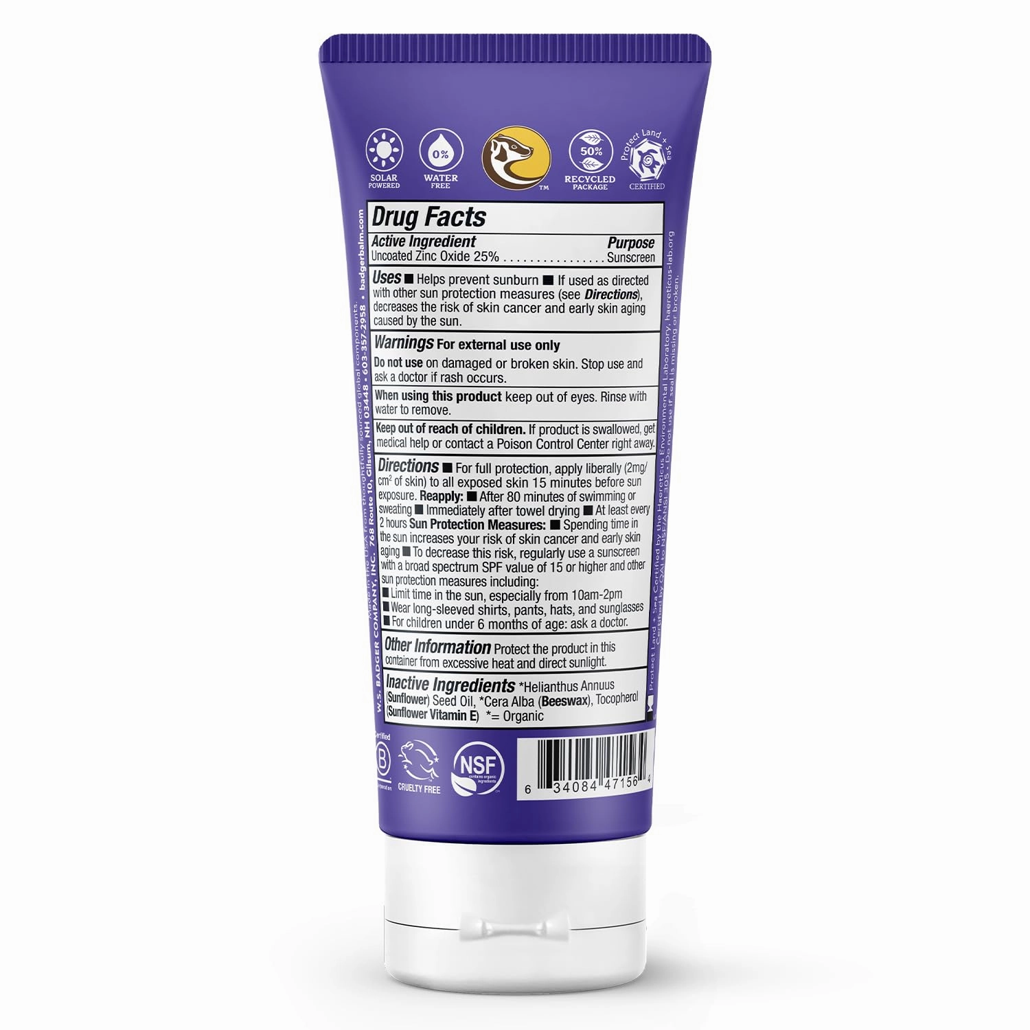 Badger Biodegradable Reef Safe Sunscreen, SPF 50 Unscented Zinc Oxide Sunscreen, 98% Organic Ingredients, Water Resistant Adventure Sport Sunblock, 2.9 fl oz, 2-Pack