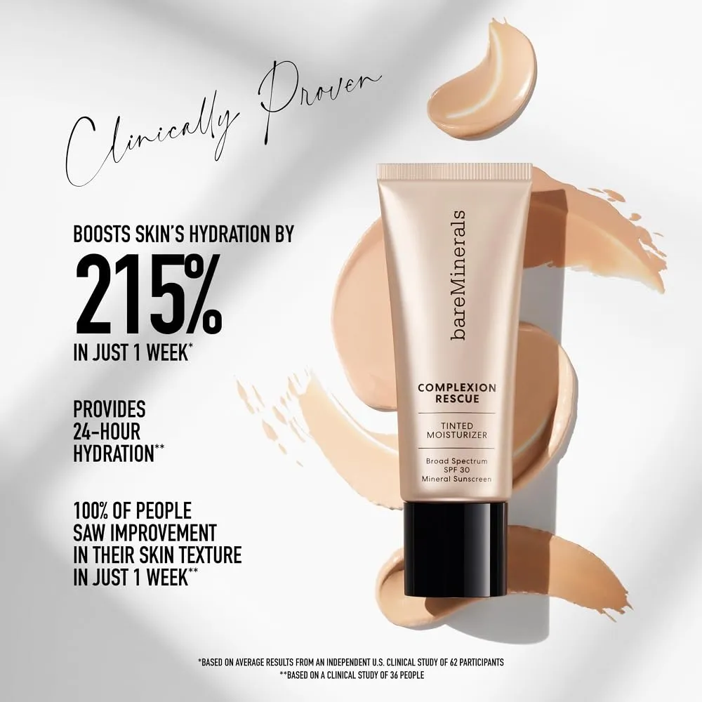 bareMinerals Complexion Rescue Tinted Moisturizer for Face with SPF 30, Vegan Tinted Mineral Sunscreen with Hyaluronic Acid