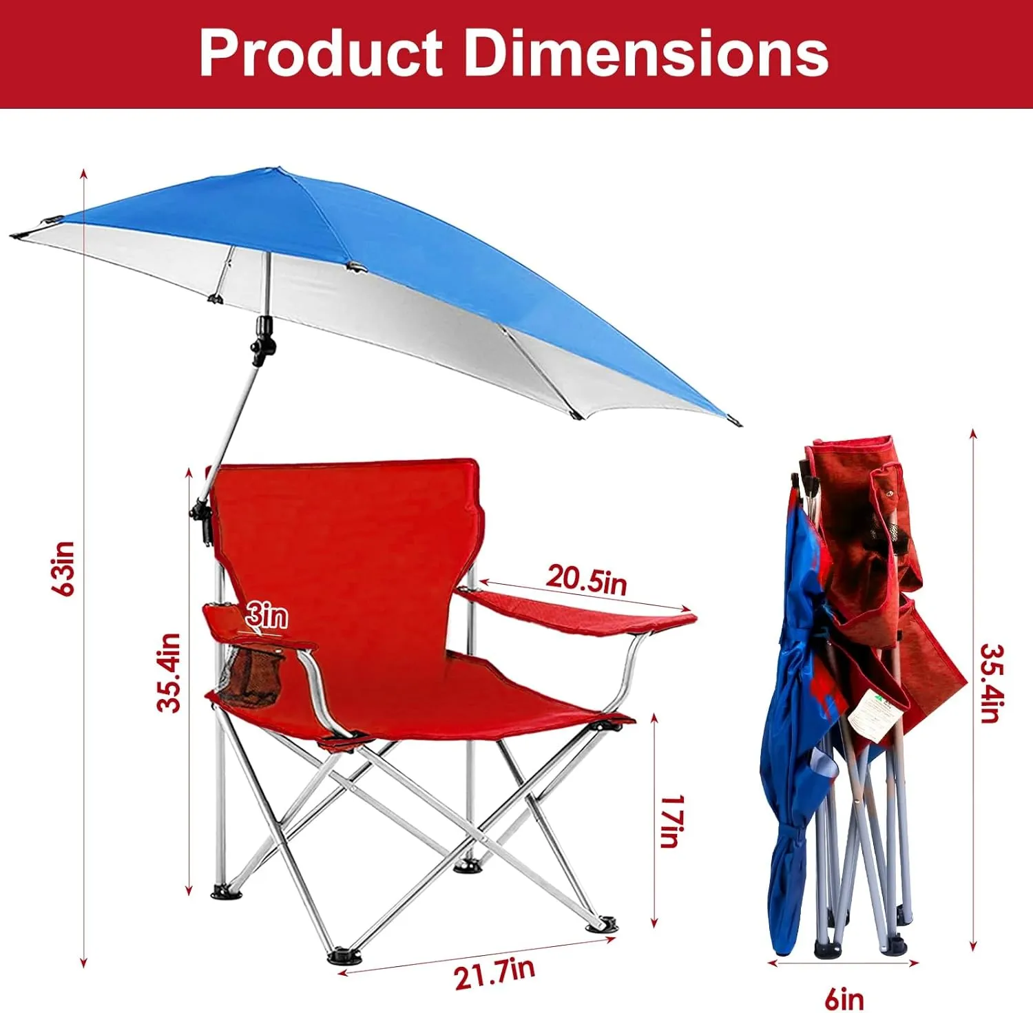 Beach Chair with UPF 50  Adjustable Umbrella, Outdoor Folding Beach Chairs for Adults with Cup Holder & Carry Bag, Protable Recliner Chair for Camping Hiking Fishing, Max Hold Up 350LB - U.S Spot