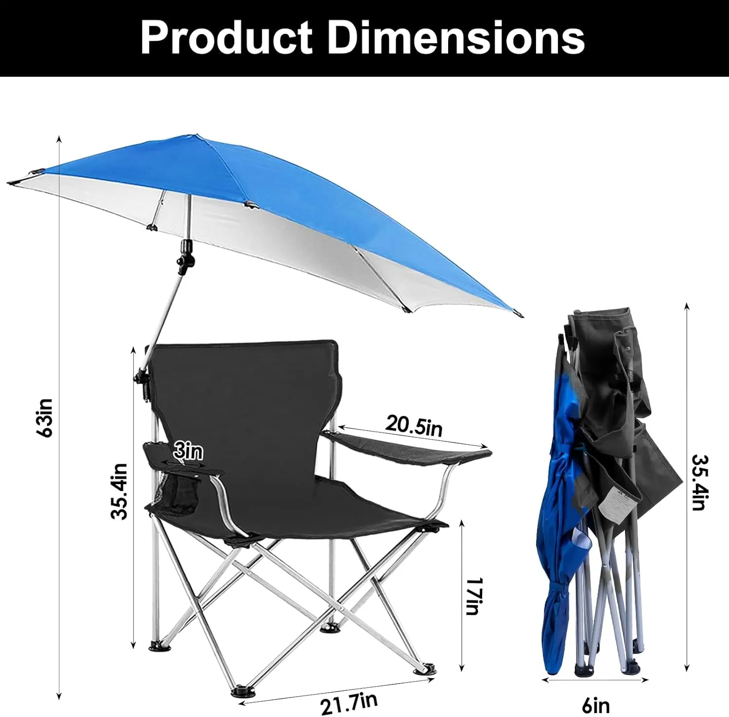 Beach Chair with UPF 50  Adjustable Umbrella, Outdoor Folding Beach Chairs for Adults with Cup Holder & Carry Bag, Protable Recliner Chair for Camping Hiking Fishing, Max Hold Up 350LB - U.S Spot