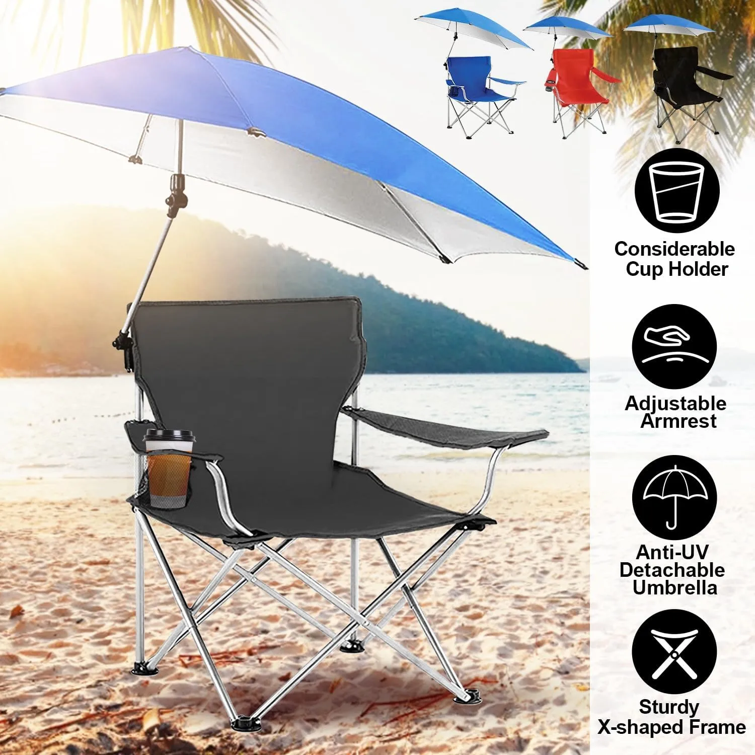 Beach Chair with UPF 50  Adjustable Umbrella, Outdoor Folding Beach Chairs for Adults with Cup Holder & Carry Bag, Protable Recliner Chair for Camping Hiking Fishing, Max Hold Up 350LB - U.S Spot
