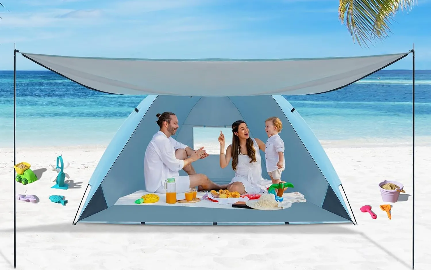 Beach Tent Sun Shelter with Canopy, Portable Sun Shade for 4-6 Person,Easy Setup Beach Shade with UPF 50  UV Protection, Beach Cabana with Silver Coating for Family Outdoor