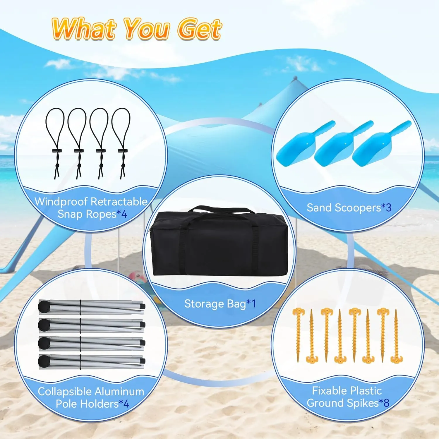 Beach Tent Sun Shelter,UPF 50  Protection Sun Shade Canopy with 6 Sand Bags,4 Support Poles, Portable 13×20FT Outdoor Canopy Tent for Beach Camping,Fishing,Picnic (Light Blue)