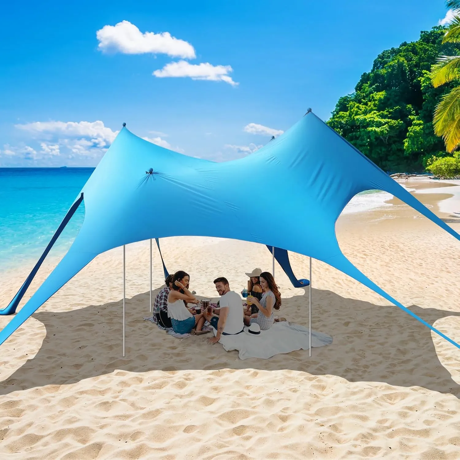 Beach Tent Sun Shelter,UPF 50  Protection Sun Shade Canopy with 6 Sand Bags,4 Support Poles, Portable 13×20FT Outdoor Canopy Tent for Beach Camping,Fishing,Picnic (Light Blue)