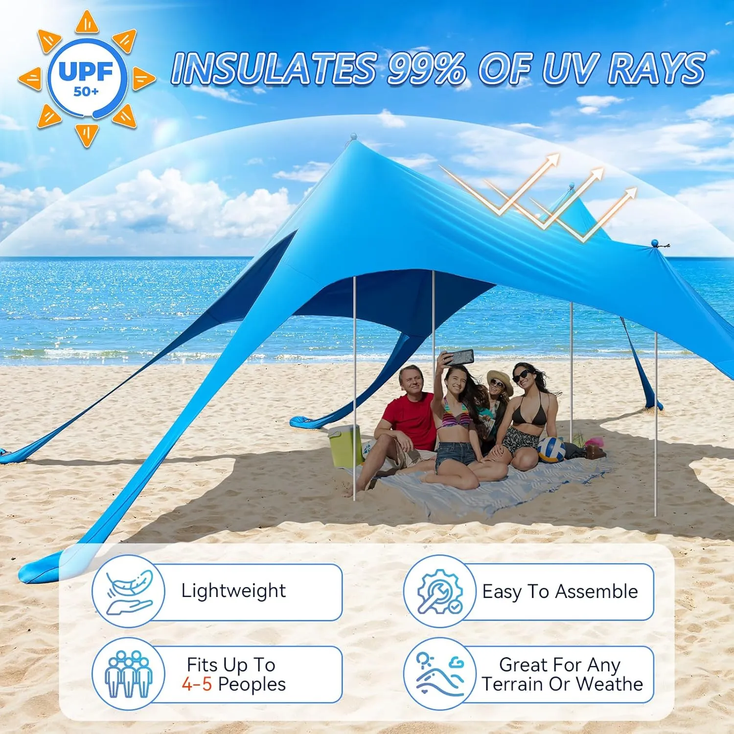 Beach Tent Sun Shelter,UPF 50  Protection Sun Shade Canopy with 6 Sand Bags,4 Support Poles, Portable 13×20FT Outdoor Canopy Tent for Beach Camping,Fishing,Picnic (Light Blue)