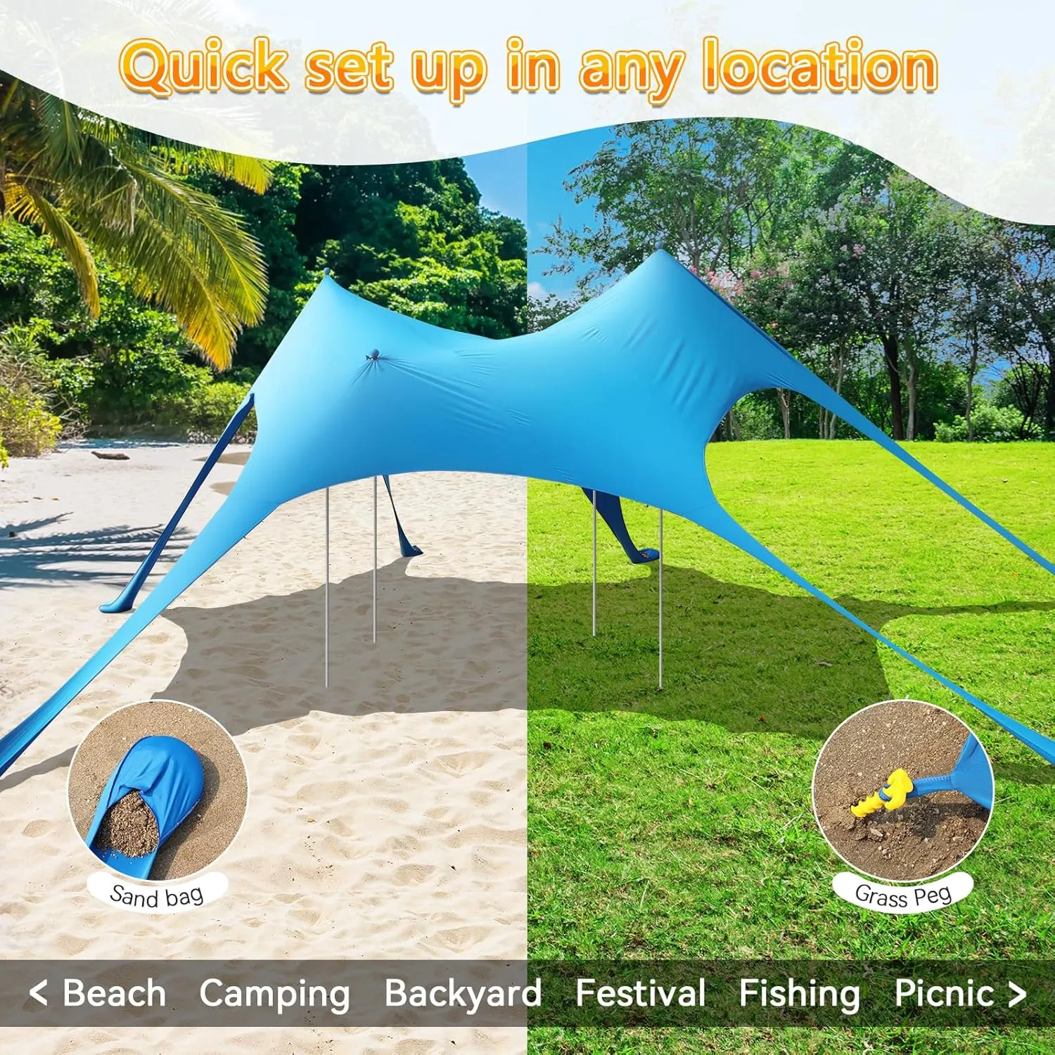 Beach Tent Sun Shelter,UPF 50  Protection Sun Shade Canopy with 6 Sand Bags,4 Support Poles, Portable 13×20FT Outdoor Canopy Tent for Beach Camping,Fishing,Picnic (Light Blue)