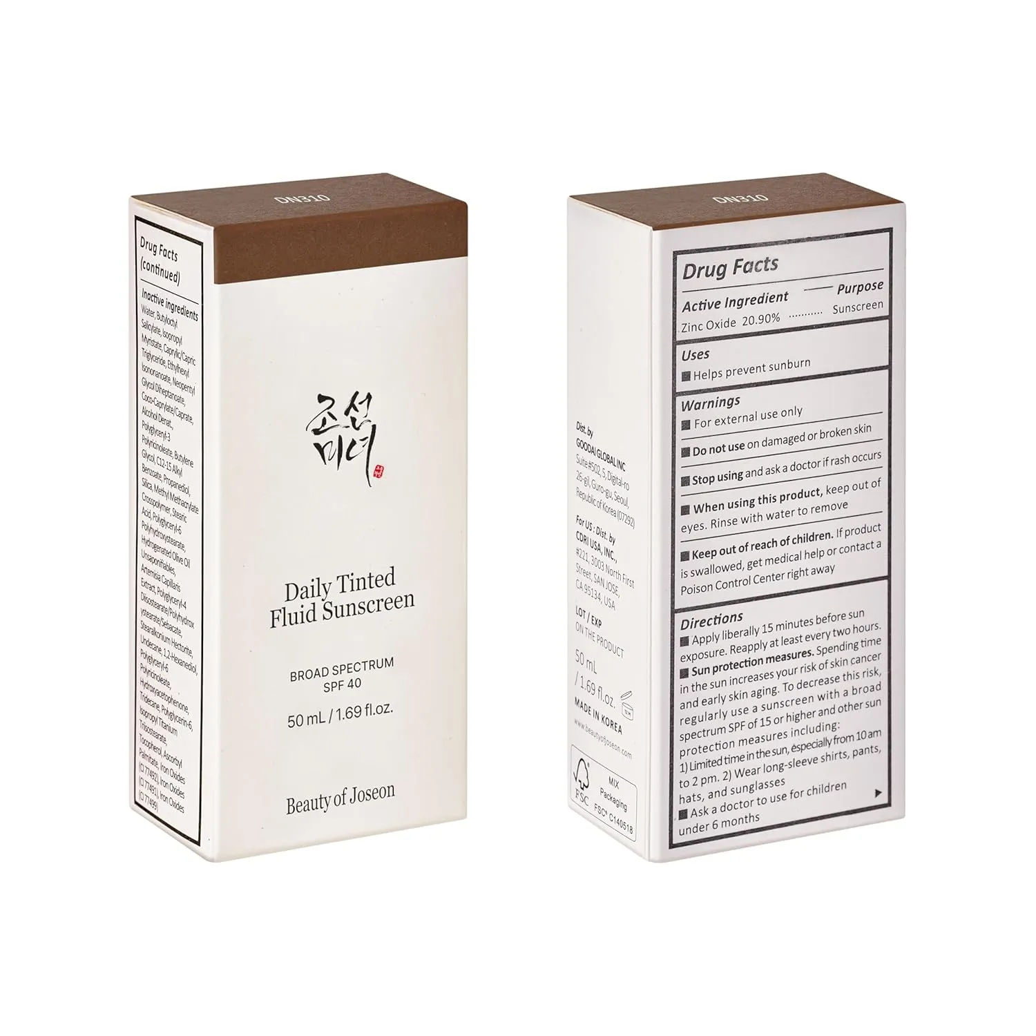Beauty of Joseon Daily Tinted Fluid Sunscreen 12 Shades for Face Moisturizing Broad Spectrum SPF 40 Korean Skincare 50ml, 1.69 fl.oz #DN310