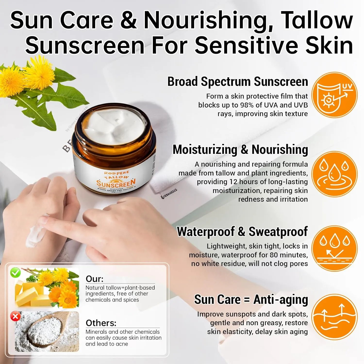 Beef Tallow Sunscreen SPF 50 For Face & Body, 2 PCS Natural & Organic Tallow Sun Balm With Zinc, Hyaluronic Acid For Sensitive Skin, Broad Spectrum, Moisturizing, Reef Safe, No White Residue