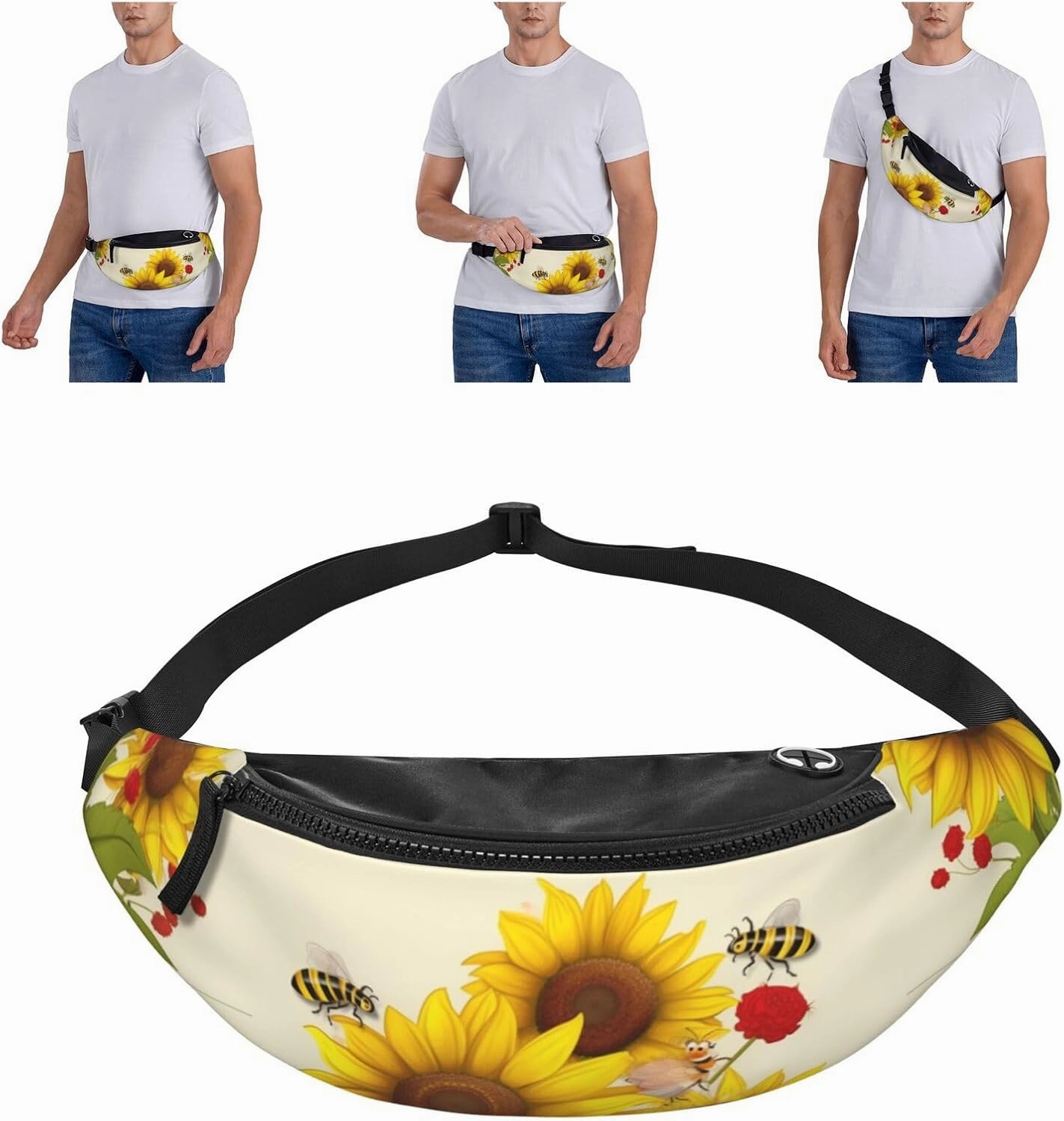 Bees Sunflowers Daisy Rose Flowers Fanny Pack for Man Women Waist Bag Adjustable Belt Casual Chest Bag Bum Bags for Travel Sports Running Hiking Waist Packs