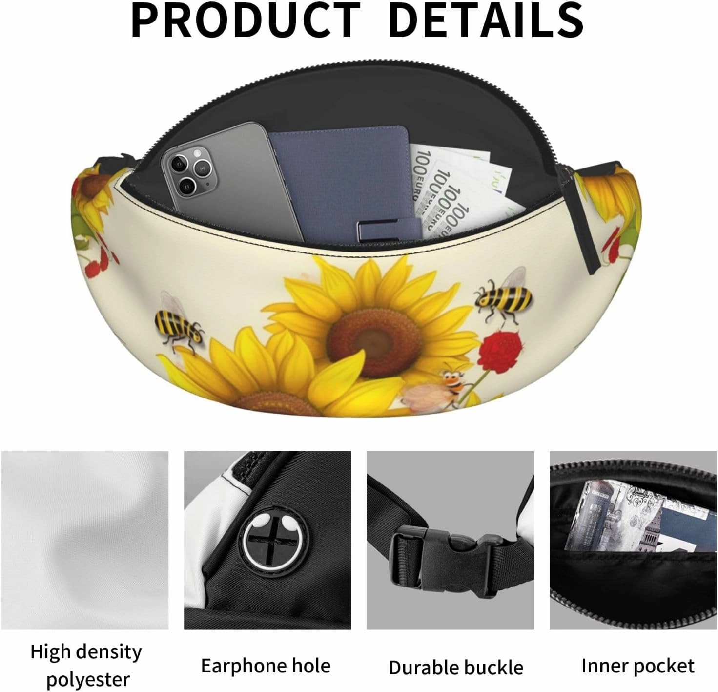 Bees Sunflowers Daisy Rose Flowers Fanny Pack for Man Women Waist Bag Adjustable Belt Casual Chest Bag Bum Bags for Travel Sports Running Hiking Waist Packs