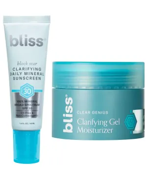 Bliss Clarifying Mineral Sunscreen SPF30 (1.7oz) and Clear Genius Clarifyig Gel Moisturizer (1.4oz) Duo Set | With Clarity 5 Complex, Salicylic Acid, and Niacinamide