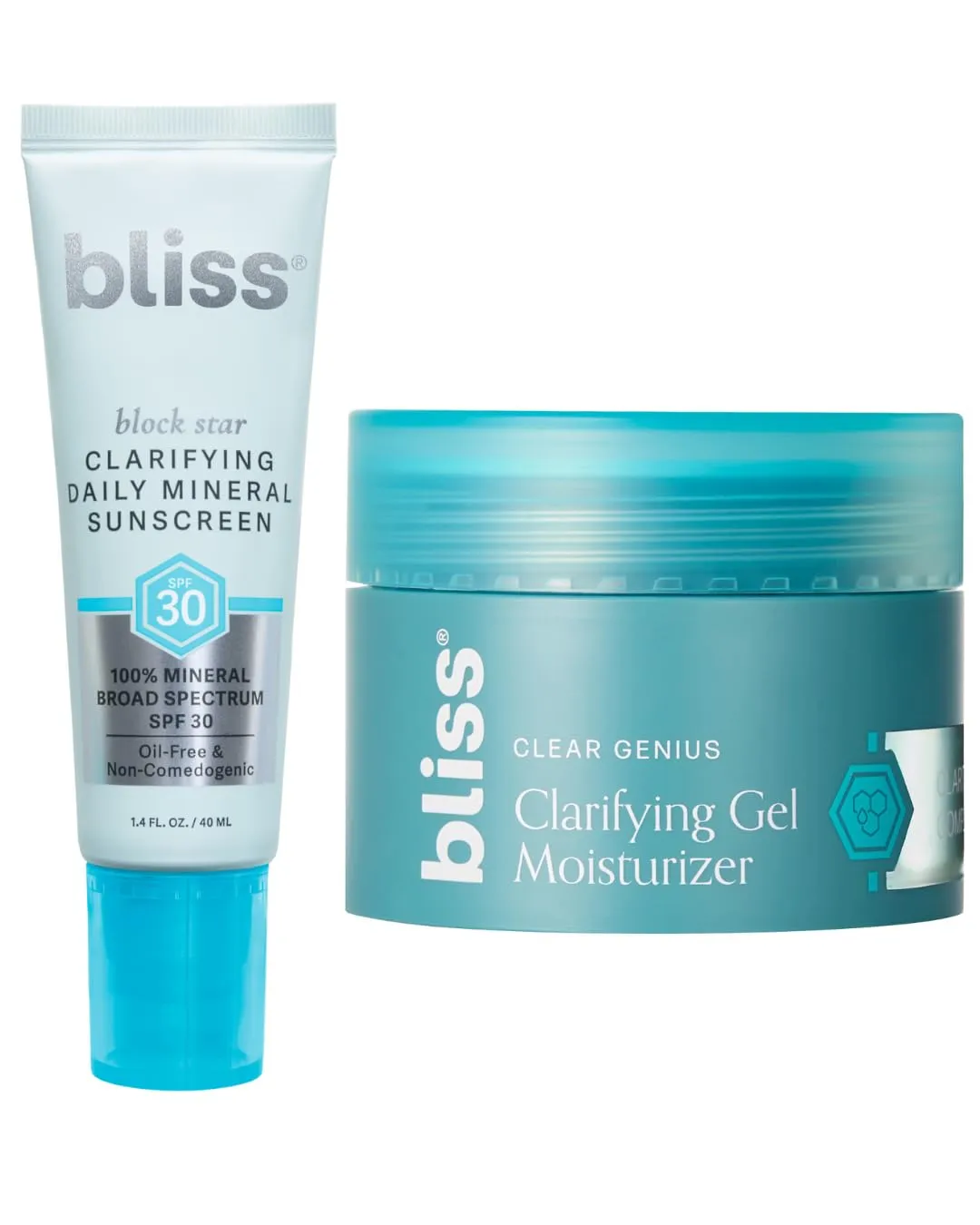 Bliss Clarifying Mineral Sunscreen SPF30 (1.7oz) and Clear Genius Clarifyig Gel Moisturizer (1.4oz) Duo Set | With Clarity 5 Complex, Salicylic Acid, and Niacinamide