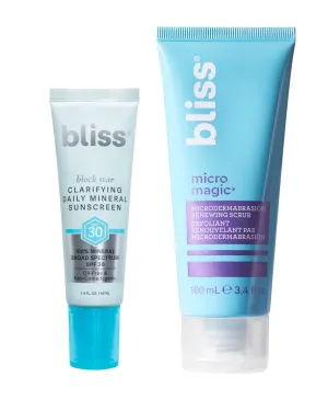 Bliss Exfoliate & Protect Set: Micro Magic Skin-Renewing Exfoliating Scrub and Block Star Clarifying Mineral Sunscreen SPF 30,Daily Face Scrub and SPF for Oily and Acne-Prone Skin, Non-Comedogenic