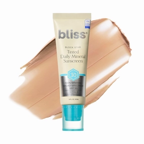 Bliss Block Star SPF 30 Daily Tinted Sunscreen with Zinc Oxide, Sunscreen & Makeup Primer- All Skin Tones - 100% Mineral Broad Spectrum with Titanium Dioxide & Antioxidant Blend,- 1.4 fl oz.