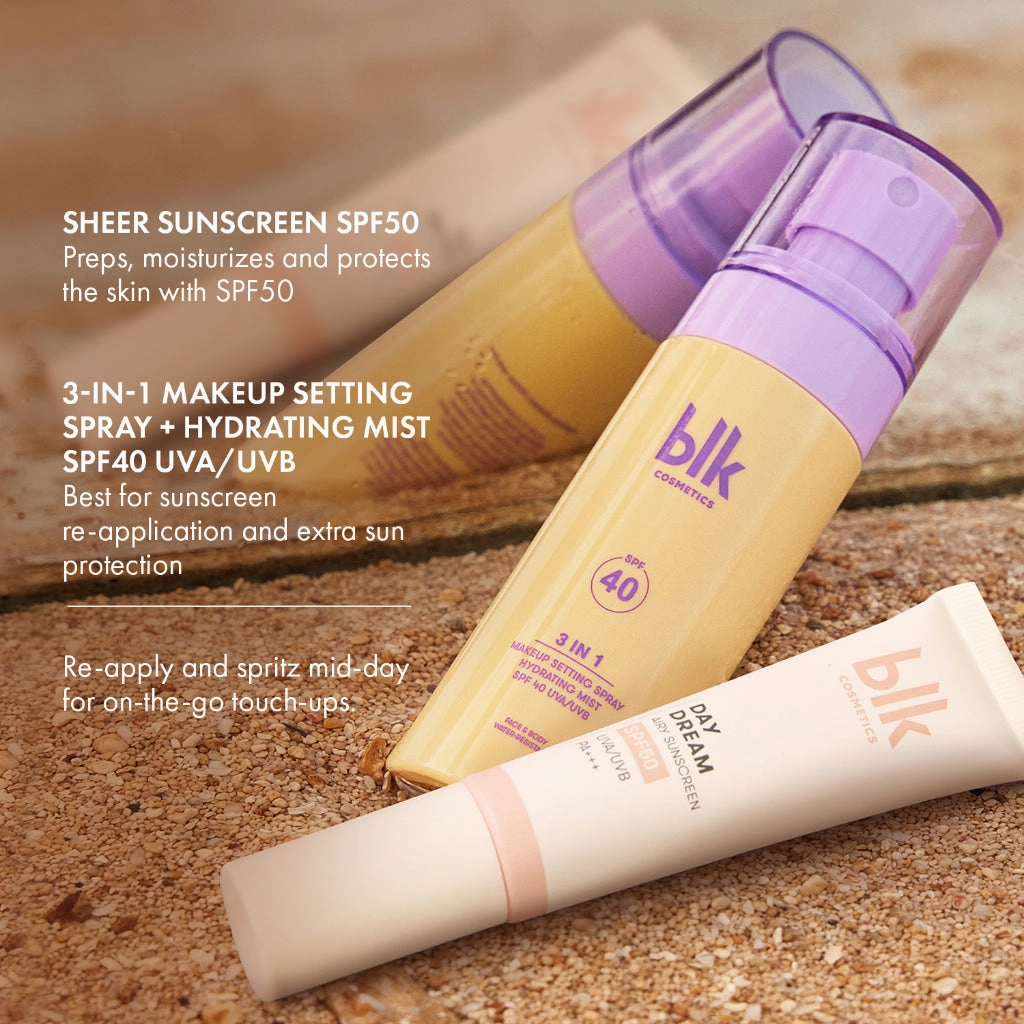 blk cosmetics fresh sheer sunscreen spf 50   3in1 setting spray & hydrating mist spf 40 UVA/UVB