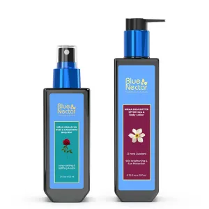 Blue Nectar Radiant Skin Duo: Cocoa Butter Nargis Sunscreen Lotion SPF 30 PA   & Uplifting Rose-Cardamom Body Mist - Herbal Bliss for Glowing Beauty