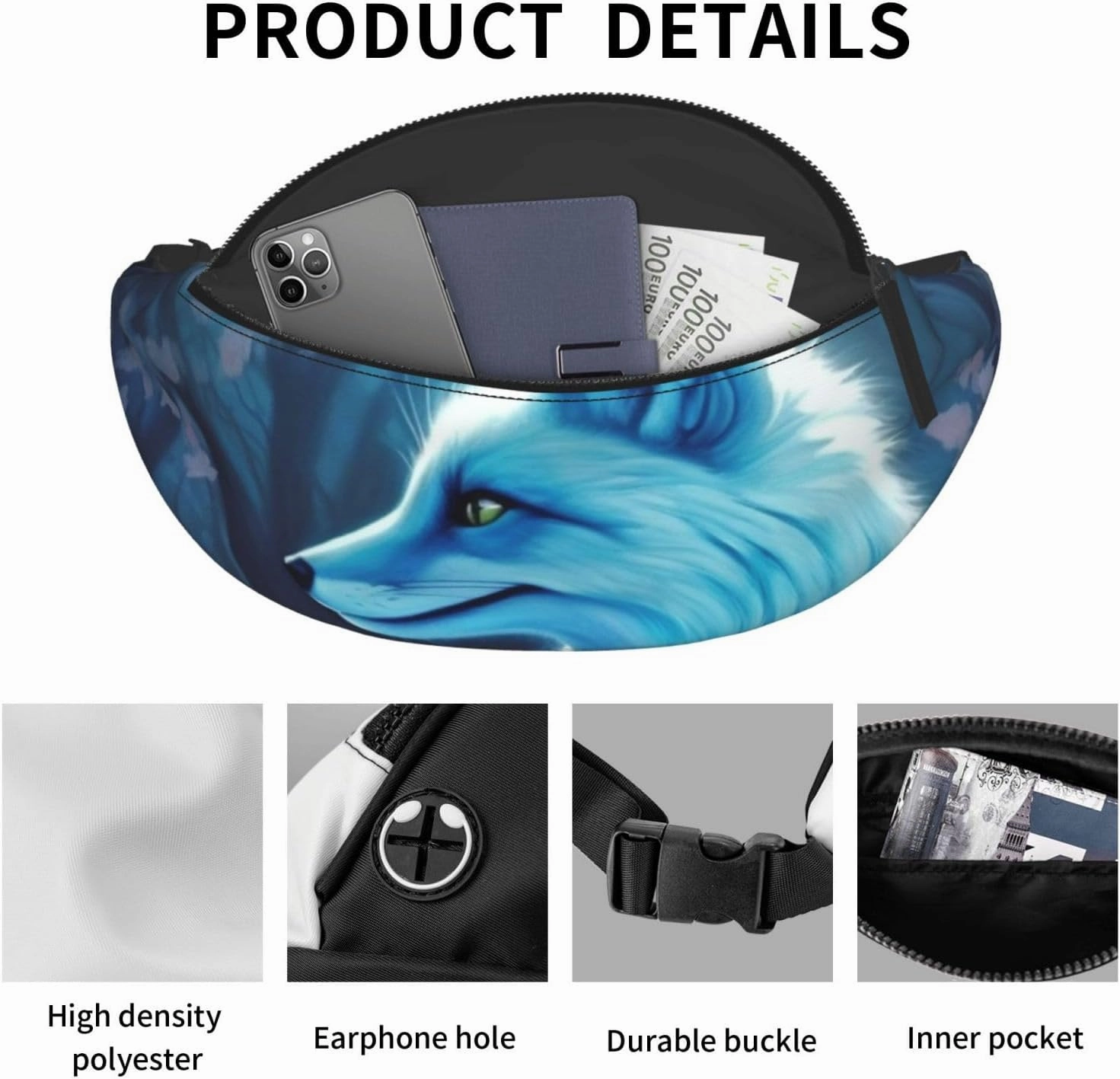 Blue Fox Fanny Pack for Man Women Waist Bag Adjustable Belt Casual Chest Bag Bum Bags for Travel Sports Running Hiking Waist Packs