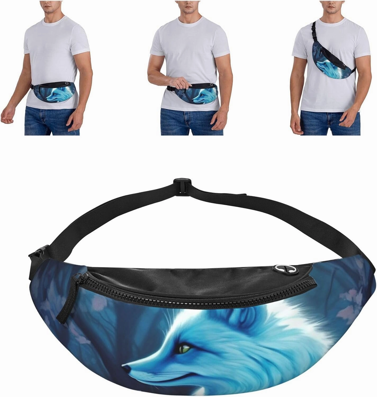Blue Fox Fanny Pack for Man Women Waist Bag Adjustable Belt Casual Chest Bag Bum Bags for Travel Sports Running Hiking Waist Packs