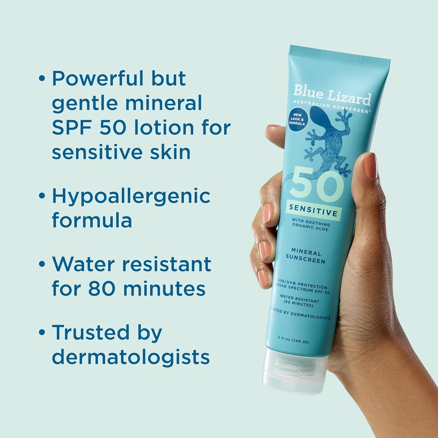 BLUE LIZARD Sensitive Mineral Sunscreen with Zinc Oxide 50  Water Resistant UVAUVB Protection with Smart Cap Technology Fragrance Free, Sensitve, SPF 50 - - Tube, Unscented, 5 Fl Oz