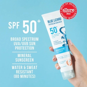 BLUE LIZARD Sensitive Mineral Sunscreen with Zinc Oxide 50  Water Resistant UVAUVB Protection with Smart Cap Technology Fragrance Free, Sensitve, SPF 50 - - Tube, Unscented, 5 Fl Oz (Pack of 2)