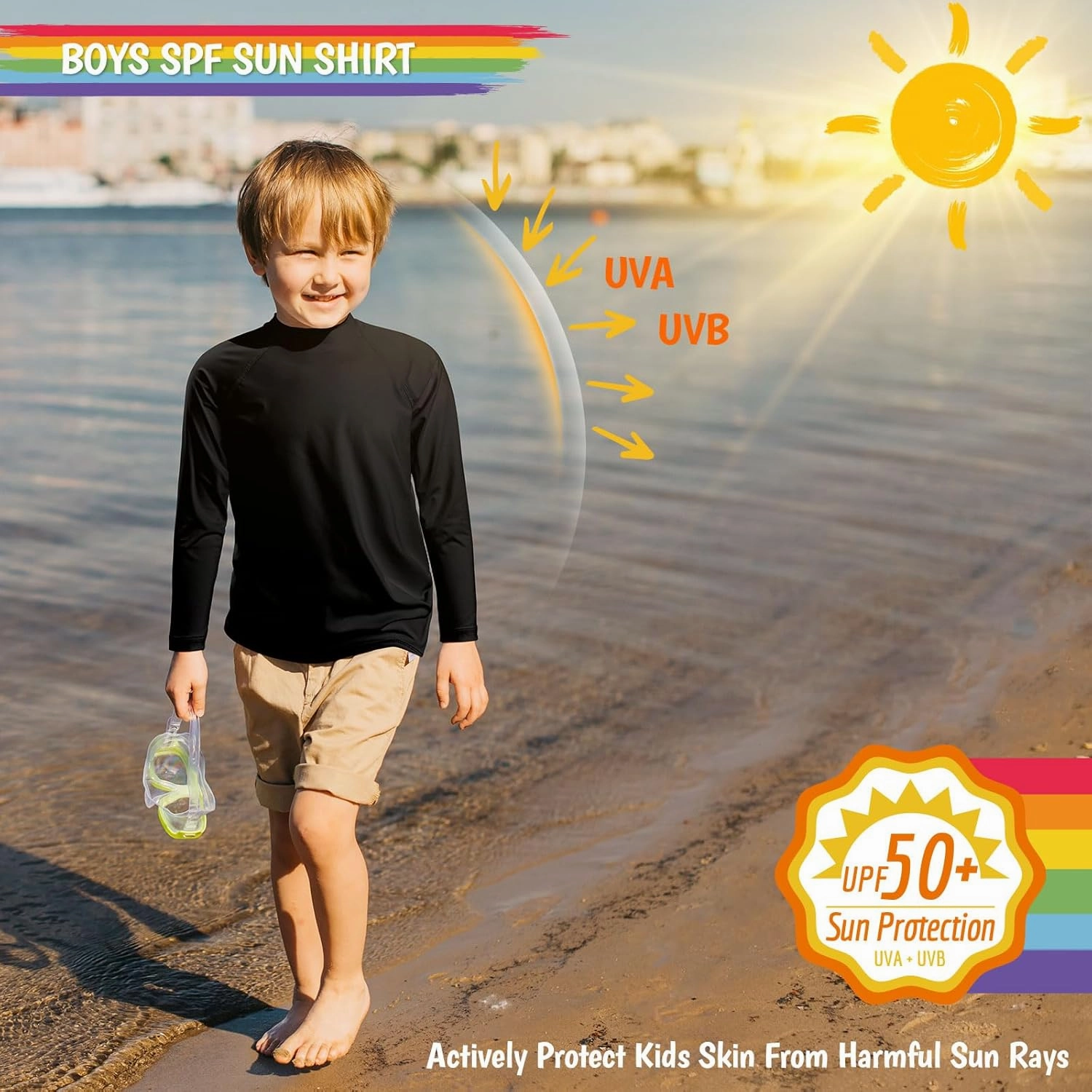 Boys Rash Guard Swim Shirts Long Sleeve UPF 50  Swimwear Youth Kids Sun Protection SPF Water Surfing Shirts Quick Dry