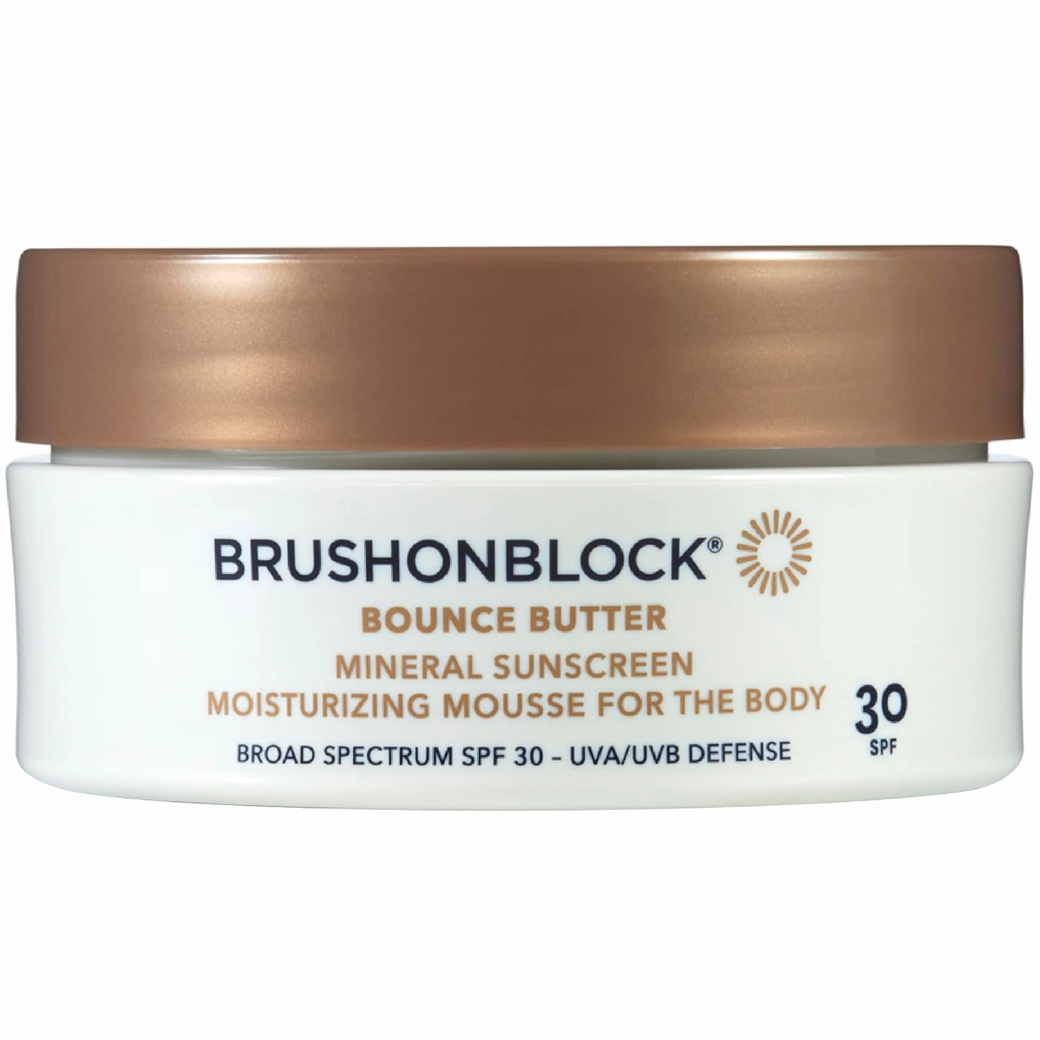 Brush On Block Bounce Butter SPF 30 Mineral Sunscreen Moisturizing Body Mousse, UVA/UVB Protection, Fragrance-Free, Blurs Imperfections