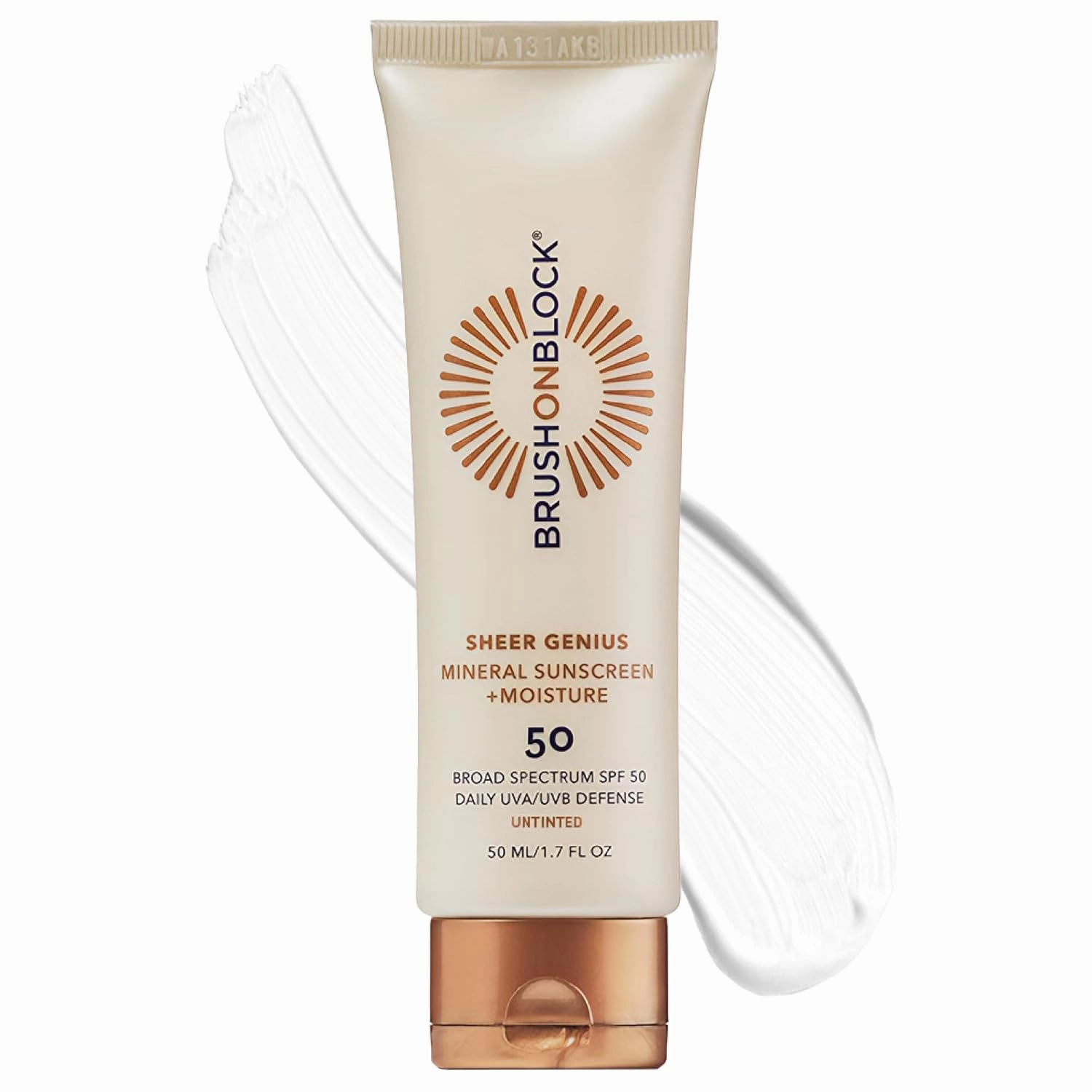 Brush On Block Sheer Genius Mineral Sunscreen plus Moisturizer, SPF 50, UVA/UVB & Blue Light Protection with Hyaluronic Acid, Goes on Sheer, No Residue, Reef Friendly, Vegan, Translucent, 1.7 oz