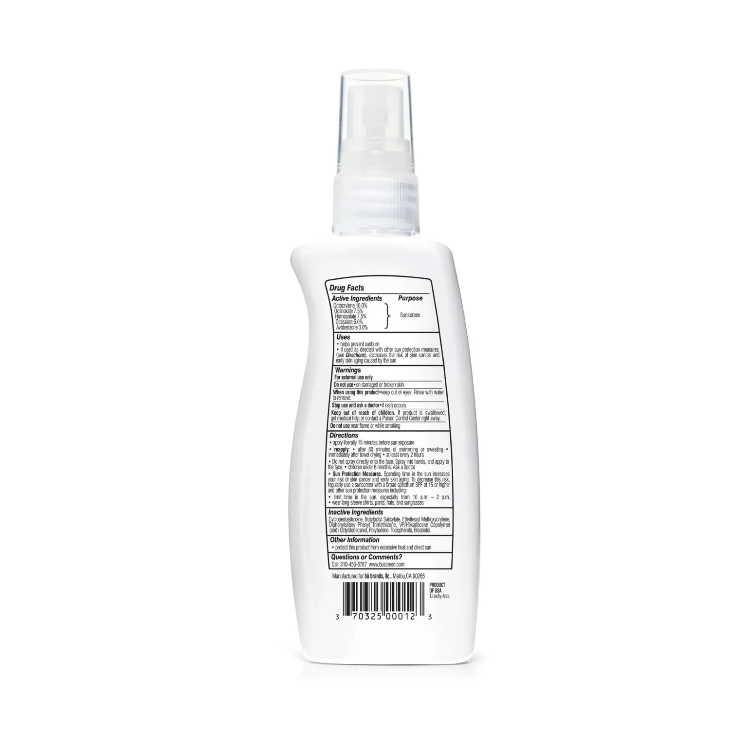BU SPF 50 Sunscreen Spray for Face and Body, Fragrance Free, Clear Non Aeorsol, Non Greasy and Water Resistant (2-pack)