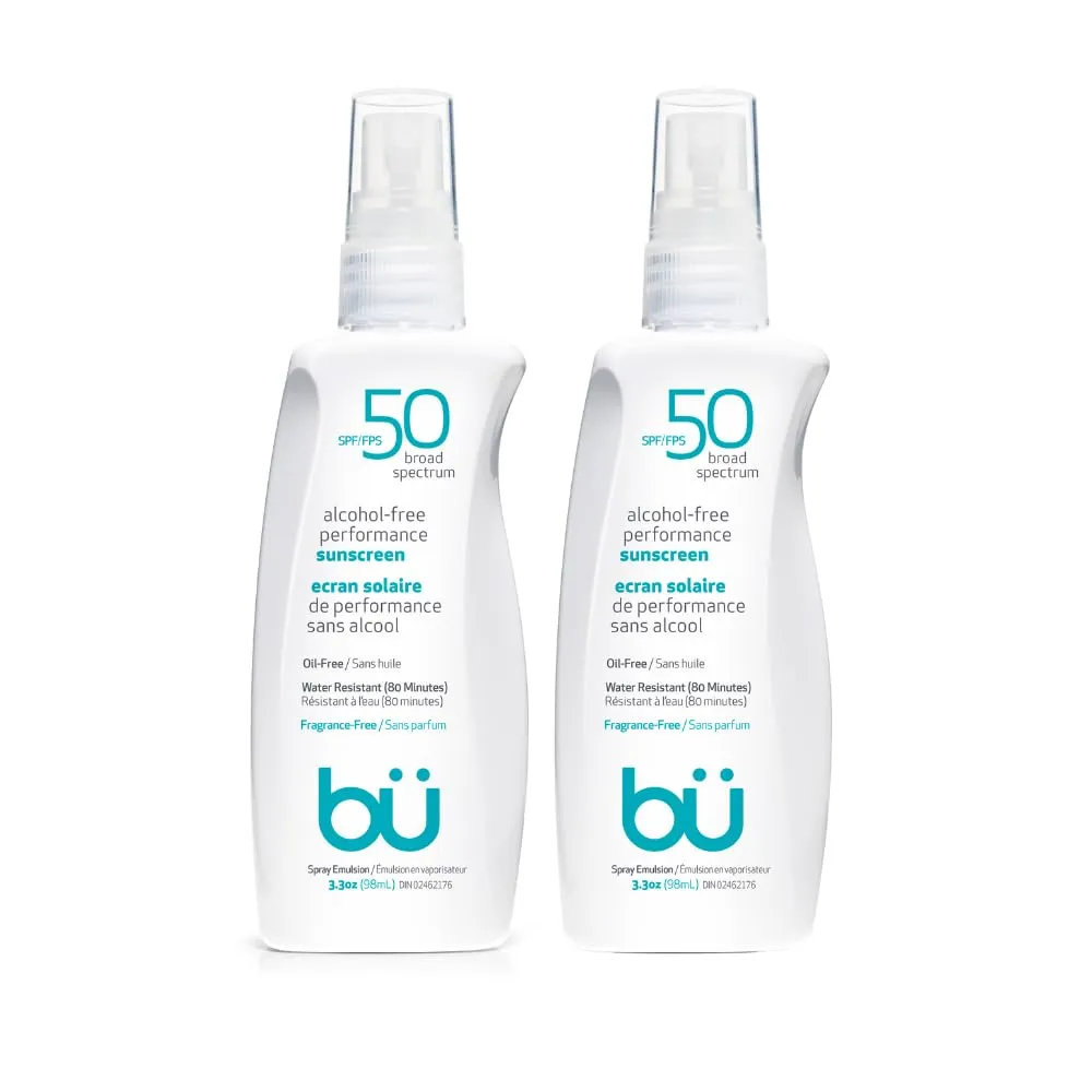 BU SPF 50 Sunscreen Spray for Face and Body, Fragrance Free, Clear Non Aeorsol, Non Greasy and Water Resistant (2-pack)