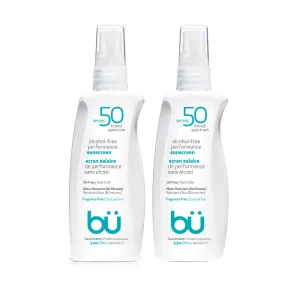 BU SPF 50 Sunscreen Spray for Face and Body, Fragrance Free, Clear Non Aeorsol, Non Greasy and Water Resistant (2-pack)