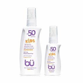 BU SPF 50 Fragrance Free Kids Sunscreen Spray for Face and Body, TSA Travel Size Sunscreen, Clear Non Aeorsol Spray, Non Greasy, Water Resistant and Oil Free, 3.3 oz and 1 oz (2-Piece Bundle)
