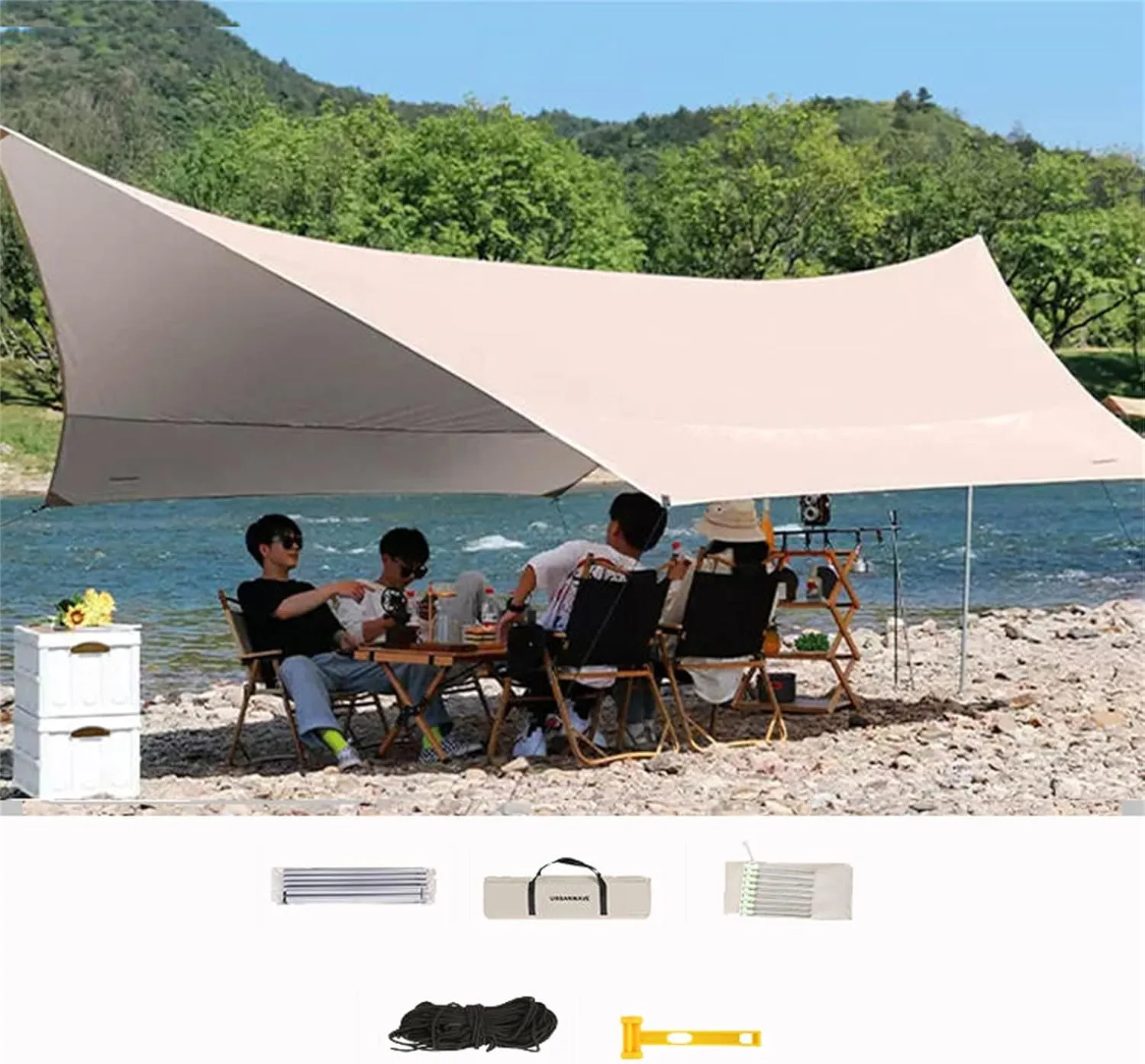 Camping Canopy,Waterproof Tent Tarp, UV Protection and PU 3000mm Waterproof, Lightweight for Camping, Backpacking and Outdoor Adventure Khaki