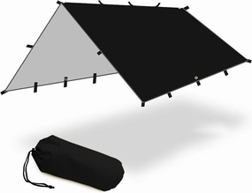 Camping Rain Fly, Lightweight Sunscreen Awning Canopy with Silver Coating, Portable Large Black Waterproof Camping tarp for Hammock, Backpacking Hiking, Survival Gear and Outdoor Adventure